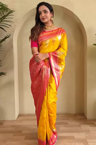 Yellow woven kanchipuram silk saree with blouse piece
