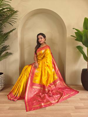 Yellow woven kanchipuram silk saree with blouse piece 4
