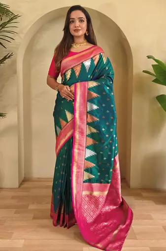 Teal woven kanchipuram silk saree with blouse piece