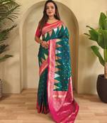 Teal woven kanchipuram silk saree with blouse piece