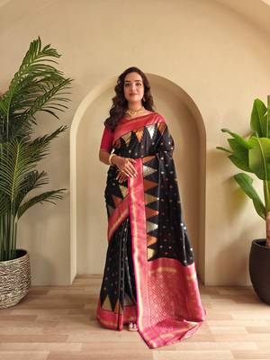 Black woven kanchipuram silk saree with blouse piece 1