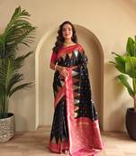 Black woven kanchipuram silk saree with blouse piece