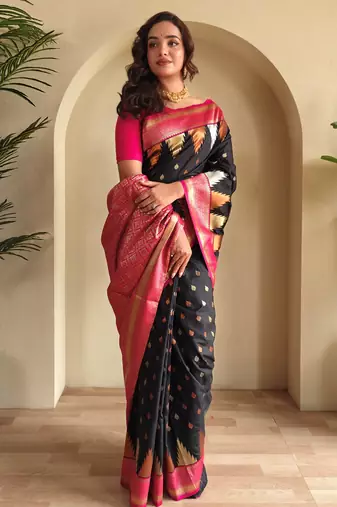 Black woven kanchipuram silk saree with blouse piece