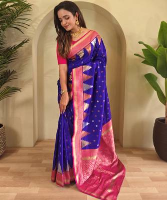 Violet woven kanchipuram silk saree with blouse piece 1
