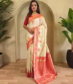 Beige woven kanchipuram silk saree with blouse piece