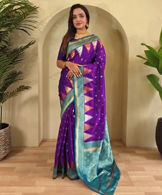 Purple woven kanchipuram silk saree with blouse piece 1