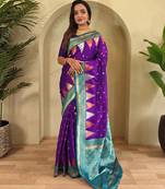 Purple woven kanchipuram silk saree with blouse piece