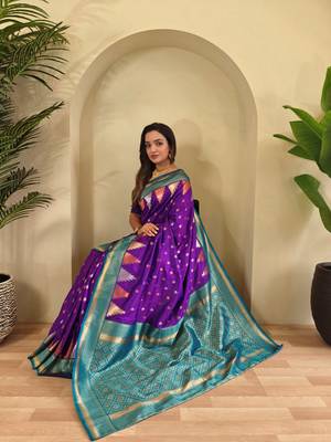 Purple woven kanchipuram silk saree with blouse piece 3