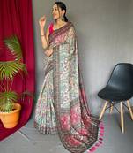 Cream printed cotton saree with blouse piece