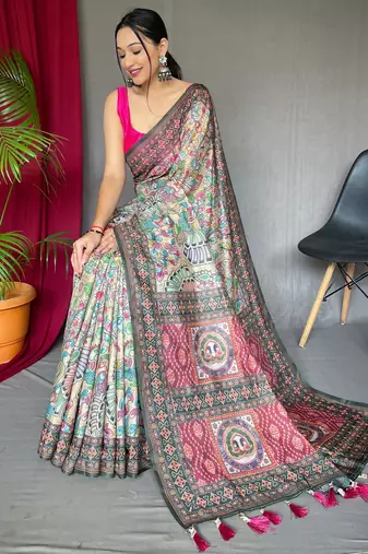 Cream printed cotton saree with blouse piece