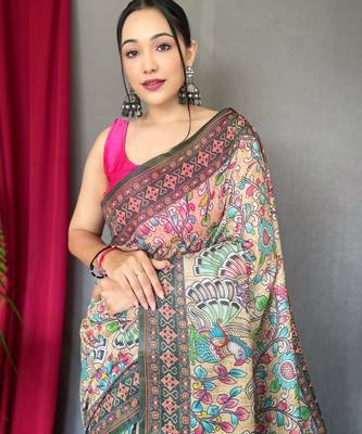 Cream printed cotton saree with blouse piece 3
