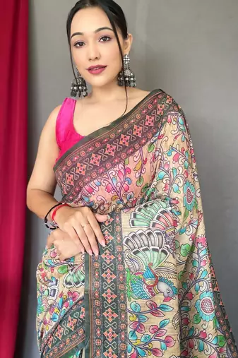 Cream printed cotton saree with blouse piece