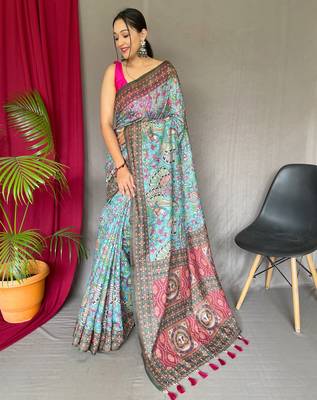 Blue printed cotton saree with blouse piece 1