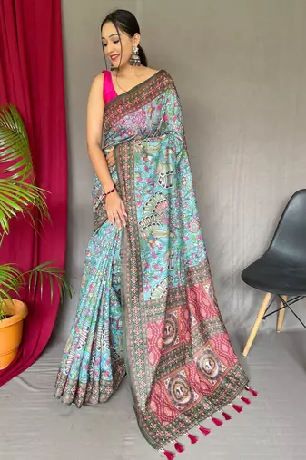 Blue printed cotton saree with blouse piece