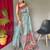 Blue printed cotton saree with blouse piece