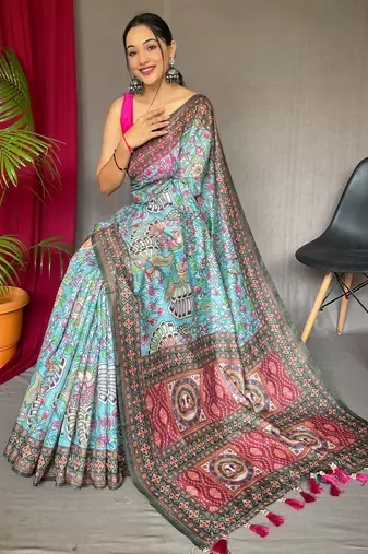 Blue printed cotton saree with blouse piece