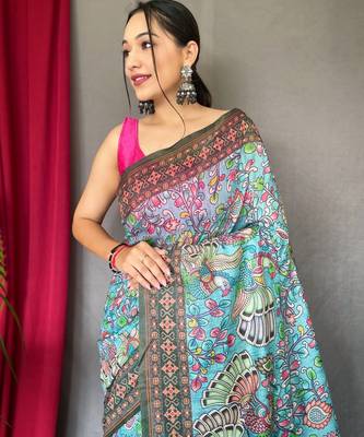 Blue printed cotton saree with blouse piece 3