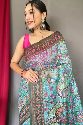 Blue printed cotton saree with blouse piece