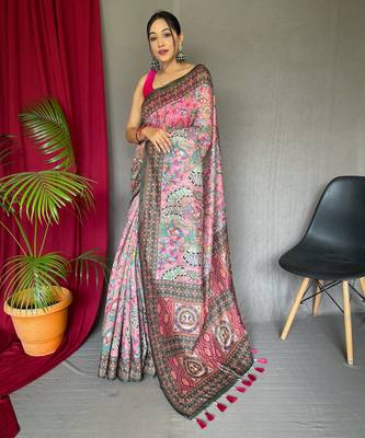 Pink printed cotton saree with blouse piece 1