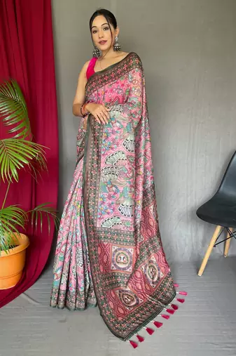 Pink printed cotton saree with blouse piece