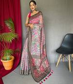 Pink printed cotton saree with blouse piece