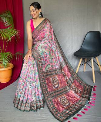 Pink printed cotton saree with blouse piece 2