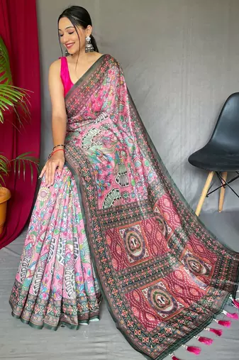 Pink printed cotton saree with blouse piece