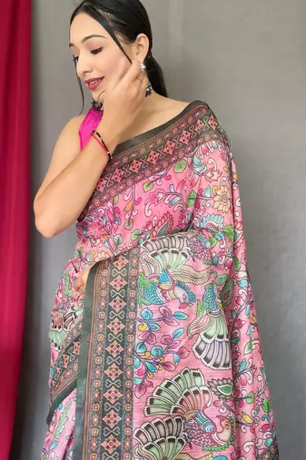 Pink printed cotton saree with blouse piece