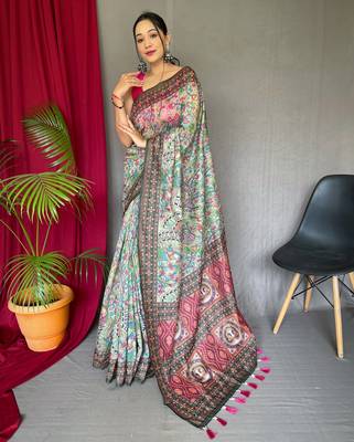 Green printed cotton saree with blouse piece 1