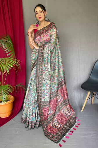Green printed cotton saree with blouse piece