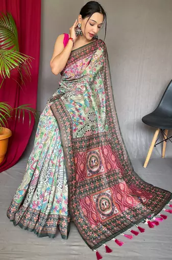 Green printed cotton saree with blouse piece