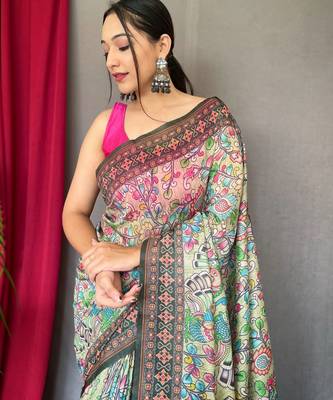 Green printed cotton saree with blouse piece 3