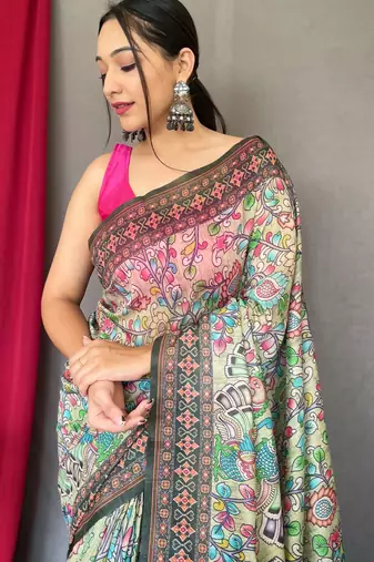 Green printed cotton saree with blouse piece