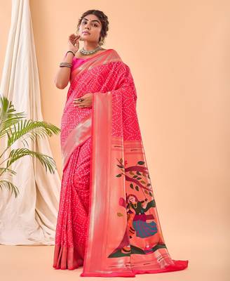 Pink woven silk saree with blouse piece 1