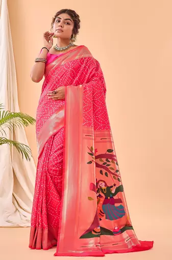 Pink woven silk saree with blouse piece