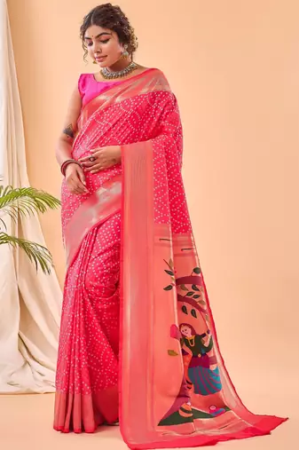Pink woven silk saree with blouse piece