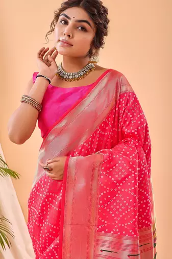 Pink woven silk saree with blouse piece