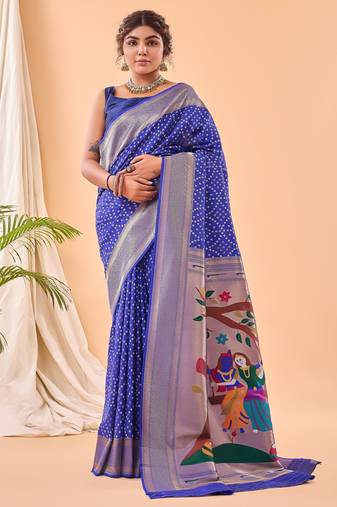 Blue woven silk saree with blouse piece