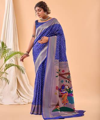 Blue woven silk saree with blouse piece 2