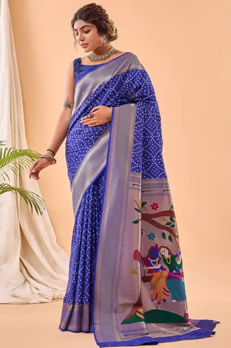 Blue woven silk saree with blouse piece