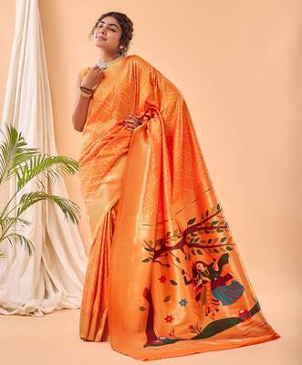 Yellow woven silk saree with blouse piece 1