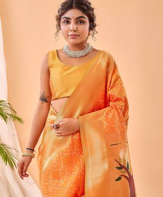Yellow woven silk saree with blouse piece 4