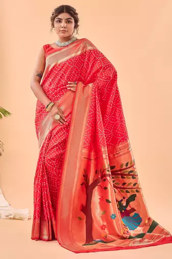 Red woven silk saree with blouse piece