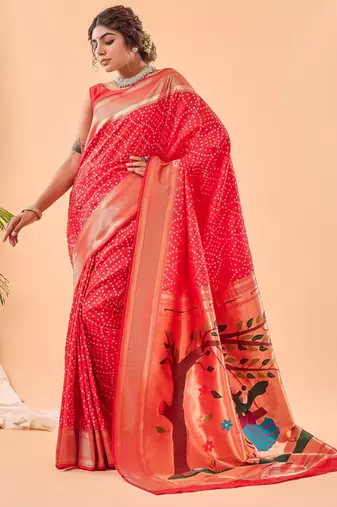 Red woven silk saree with blouse piece