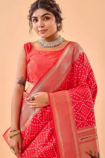 Red woven silk saree with blouse piece