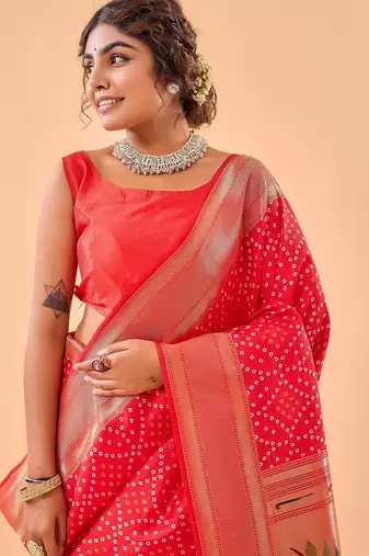 Red woven silk saree with blouse piece