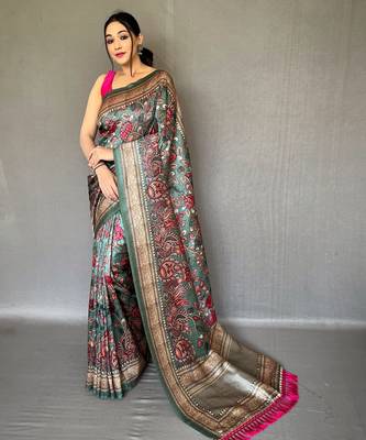 Turquoise printed silk saree with blouse piece 1