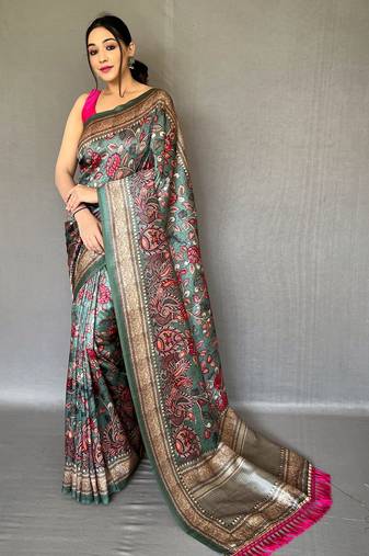 Turquoise printed silk saree with blouse piece