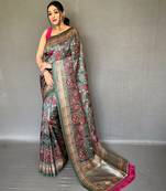 Turquoise printed silk saree with blouse piece