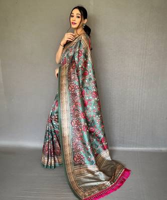 Turquoise printed silk saree with blouse piece 2